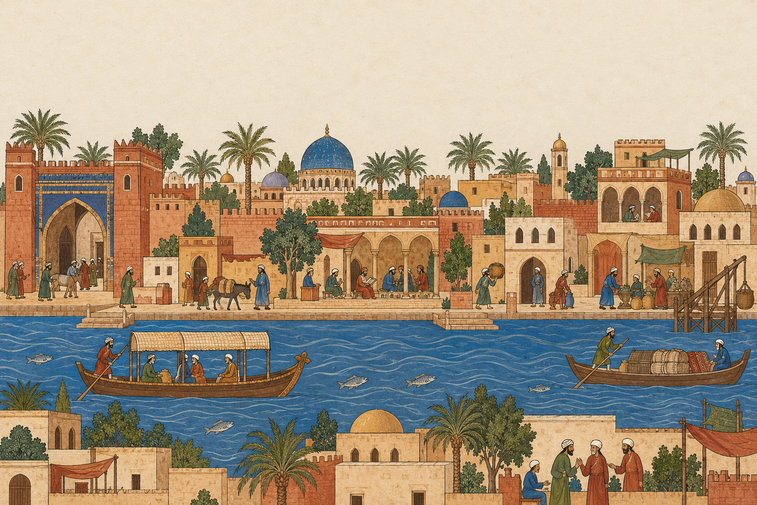 An illustrated Baghdad along the Tigris, with palm trees, blue domes and boats on the river.
