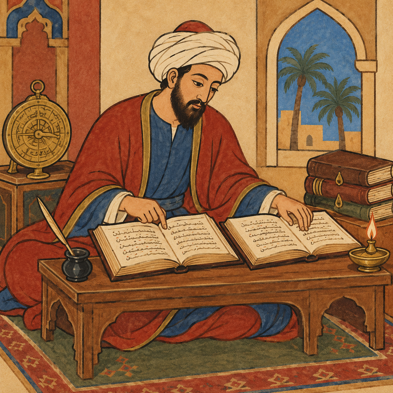 A scholar reading at a desk