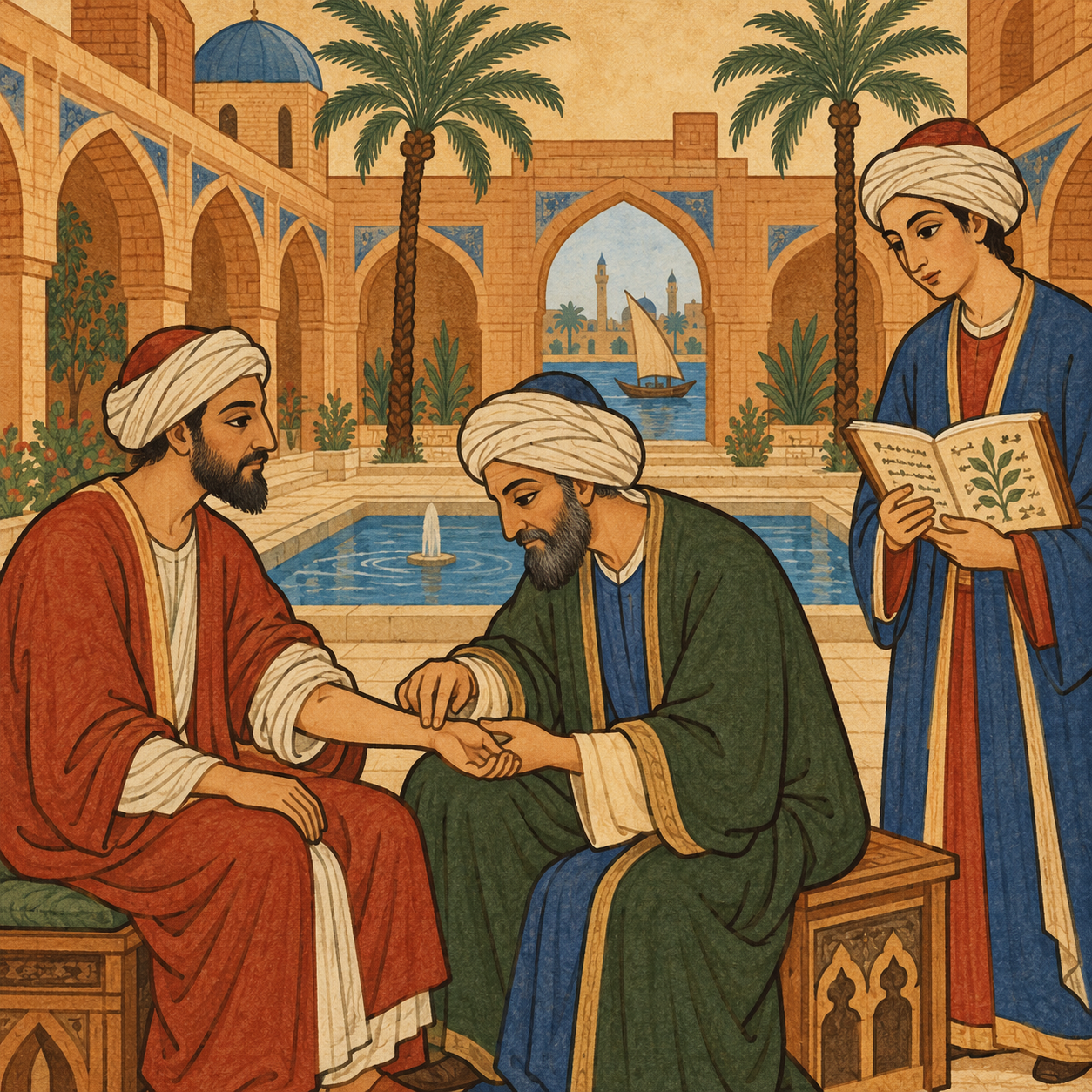 Scholars in conversation in a courtyard garden